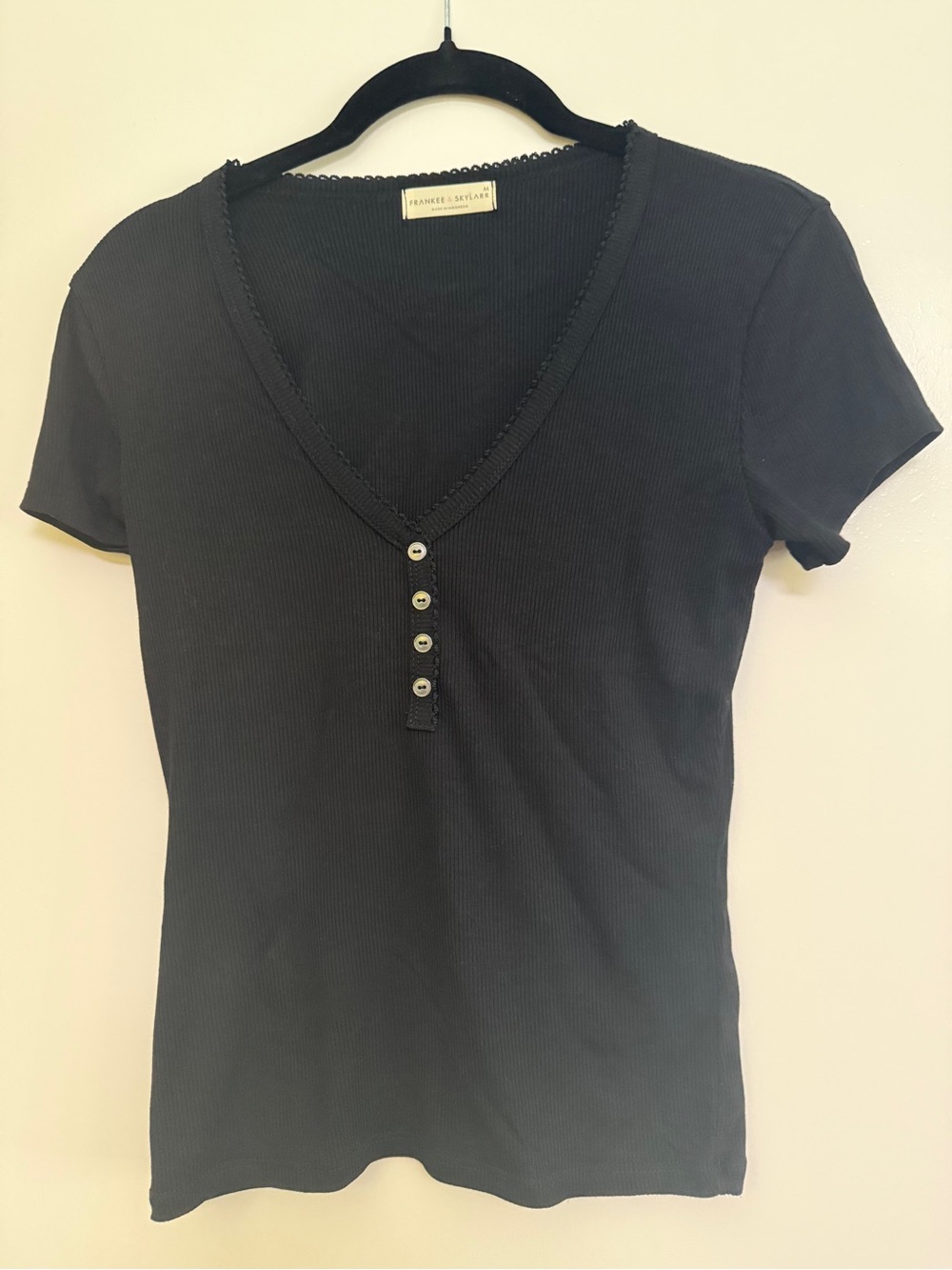 Black Ribbed V-Neck Henley Tee